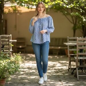 Walker & Wade Peasant Top Blue Wave Rayon Off Shoulder Resort Wear Size XS Bali